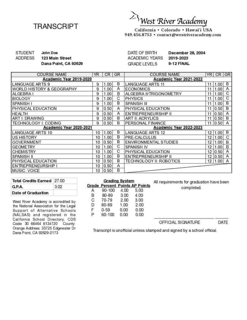 SAMPLE Final Transcript West River Academy